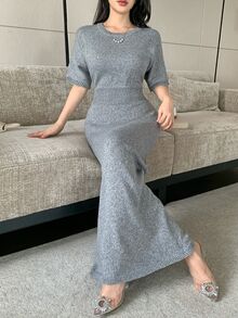 Modelyn Women's Solid Color Round Neck Casual Daily Knit Dress - Grey - View 5