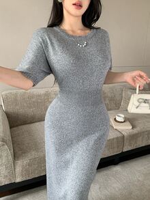 Modelyn Women's Solid Color Round Neck Casual Daily Knit Dress - Grey - View 6