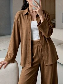 Modelyn Setelan 2 Potong Atasan Wanita Lengan Panjang Bahan Twill Kancing Depan Kasual untuk Berkomuter dan Celana Panjang Lurus - Coklat - View 5