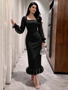 NOVVYNE 女款黑色編織與黑色雪紡長袖緊身裙，圓領花卉蕾絲飾邊，優雅浪漫連身裙 - 黑色 - 查看 9