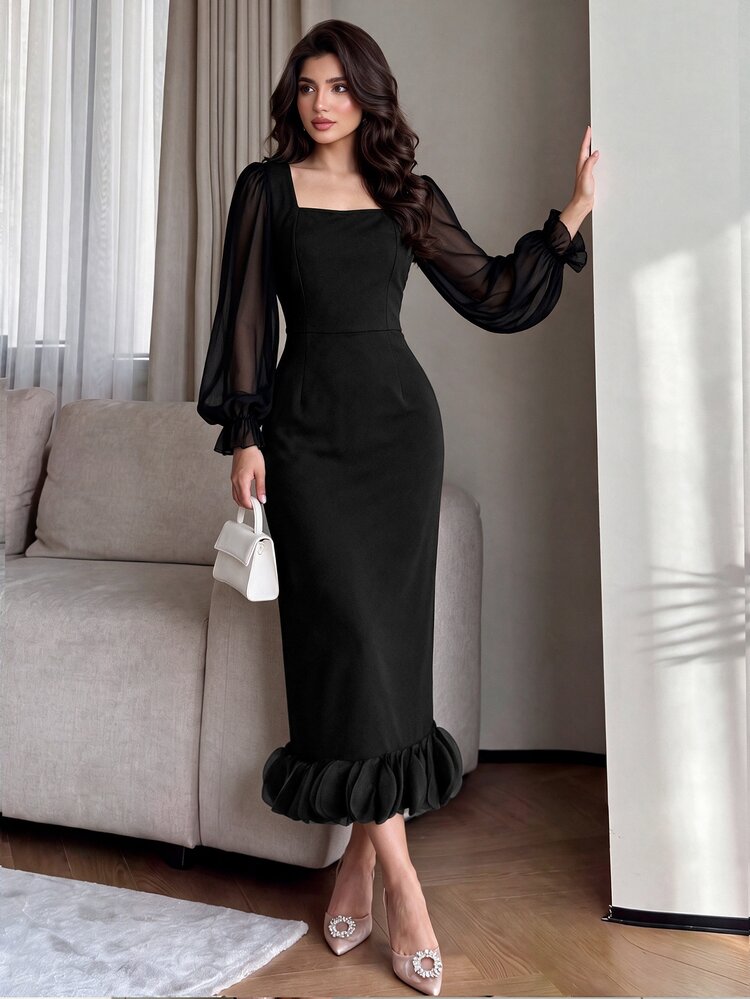 NOVVYNE Women's Black Woven & Black Chiffon Long Sleeve Bodycon Hemline With Round Floral Lace Trim Elegant Romantic Dress - Black - View 3