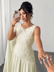 Elenzga 大尺碼女款花卉亮片圓領百褶優雅魅力洋裝，白色，適合婚禮、晚餐、正式場合，秋季穿著 - 米色 - 查看 8