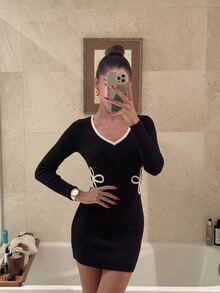 Flirla Gaun Rajut Pas Badan Wanita Musim Gugur/Dingin, Kasual Muda, Elegan, Motif Bunga, Bordir Tali - Hitam - View 7