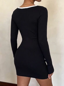 Flirla Gaun Rajut Pas Badan Wanita Musim Gugur/Dingin, Kasual Muda, Elegan, Motif Bunga, Bordir Tali - Hitam - View 3