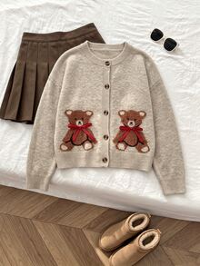 Elamini Women's Fashion Casual Sweet Cute Bear Cardigan, Loose Fit Fun Daily Commute Outerwear - Multicolor - View 1