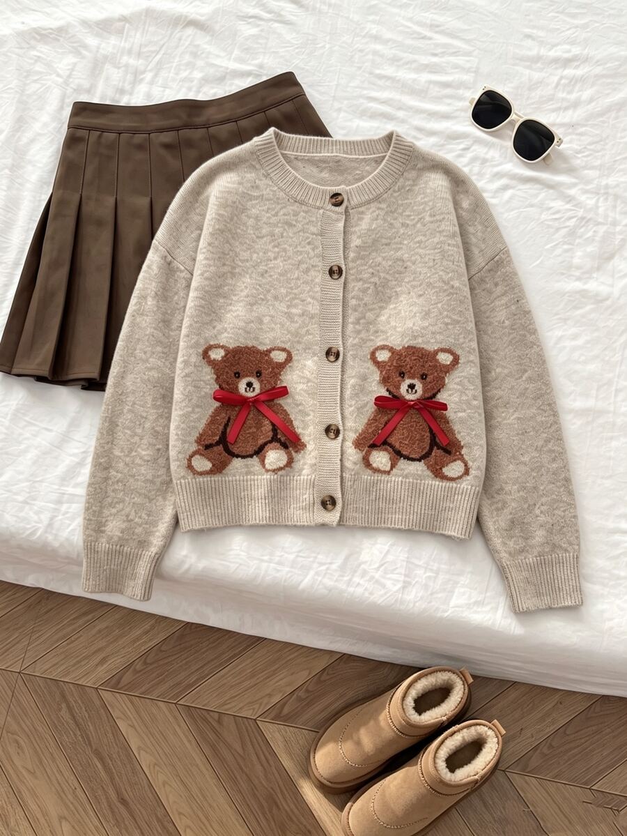 Elamini Women's Fashion Casual Sweet Cute Bear Cardigan, Loose Fit Fun Daily Commute Outerwear - Multicolor - View 1