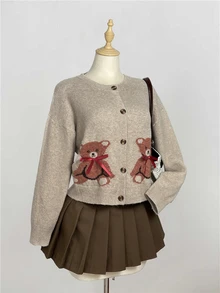 Elamini Women's Fashion Casual Sweet Cute Bear Cardigan, Loose Fit Fun Daily Commute Outerwear - Multicolor - View 3