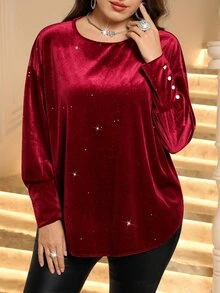 Miaspire 女款大尺碼天鵝絨亮片優雅套頭T恤 秋冬2026女裝優雅上衣 - 酒紅色 - 查看 4