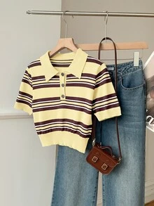 SHEIN EZwear Plus Size Colorblock Striped Short Sleeve Sweater Fall - Multicolor - View 4