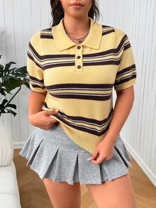 SHEIN EZwear Plus Size Colorblock Striped Short Sleeve Sweater Fall - Multicolor - View 1