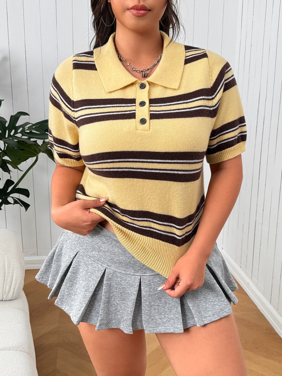 SHEIN EZwear Plus Size Colorblock Striped Short Sleeve Sweater Fall - Multicolor - View 1