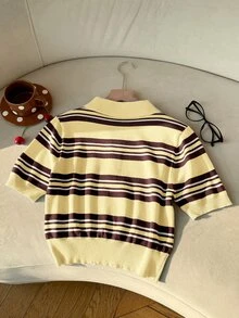 SHEIN EZwear Plus Size Colorblock Striped Short Sleeve Sweater Fall - Multicolor - View 2