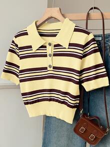 SHEIN EZwear Plus Size Colorblock Striped Short Sleeve Sweater Fall - Multicolor - View 3