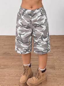 Muchica Plus Size Women's Camouflage Casual Versatile Shorts With Pockets And Buttons - Multicolor - View 5