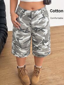 Muchica Plus Size Women's Camouflage Casual Versatile Shorts With Pockets And Buttons - Multicolor - View 1
