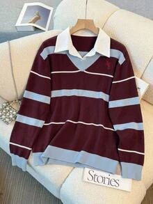 Comfylo Plus Size Women's Shirt Collar Knight Pattern Striped Long Sleeve Casual 2 In 1 Sweater - Multicolor - View 2