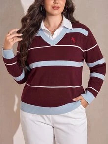 Comfylo Plus Size Women's Shirt Collar Knight Pattern Striped Long Sleeve Casual 2 In 1 Sweater - Multicolor - View 1