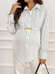 SHEIN Maternity Striped Drop Shoulder Long Sleeve Single-Breasted Casual Shirt Fall - White - View 5