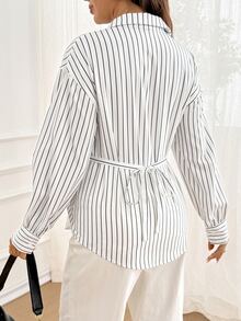SHEIN Maternity Striped Drop Shoulder Long Sleeve Single-Breasted Casual Shirt Fall - White - View 8