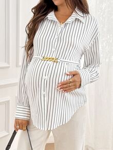 SHEIN Maternity Striped Drop Shoulder Long Sleeve Single-Breasted Casual Shirt Fall - White - View 2