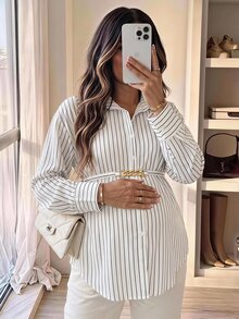 SHEIN Maternity Striped Drop Shoulder Long Sleeve Single-Breasted Casual Shirt Fall - White - View 1