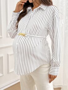 SHEIN Maternity Striped Drop Shoulder Long Sleeve Single-Breasted Casual Shirt Fall - White - View 3