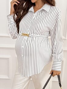 SHEIN Maternity Striped Drop Shoulder Long Sleeve Single-Breasted Casual Shirt Fall - White - View 4