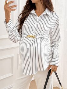 SHEIN Maternity Striped Drop Shoulder Long Sleeve Single-Breasted Casual Shirt Fall - White - View 7