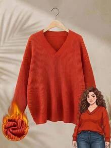 Rusticease Women's Plus Size Thick Knit Sweater, Solid Color V-Neck Loose Fit, Autumn/Winter - Orange - View 7