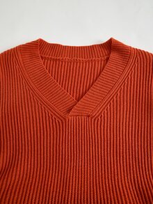 Rusticease Women's Plus Size Thick Knit Sweater, Solid Color V-Neck Loose Fit, Autumn/Winter - Orange - View 5