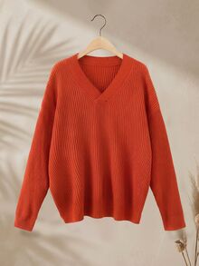 Rusticease Women's Plus Size Thick Knit Sweater, Solid Color V-Neck Loose Fit, Autumn/Winter - Orange - View 3