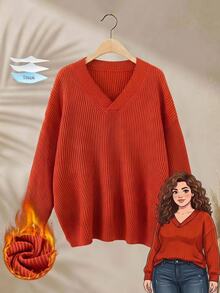 Rusticease Women's Plus Size Thick Knit Sweater, Solid Color V-Neck Loose Fit, Autumn/Winter - Orange - View 2