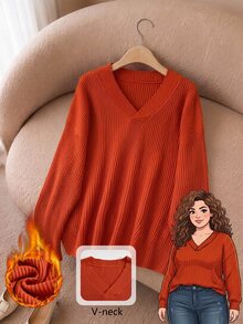 Rusticease Women's Plus Size Thick Knit Sweater, Solid Color V-Neck Loose Fit, Autumn/Winter - Orange - View 1
