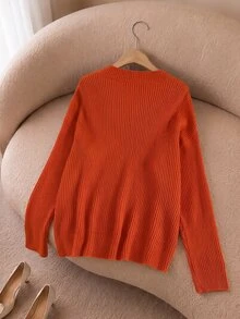 Rusticease Women's Plus Size Thick Knit Sweater, Solid Color V-Neck Loose Fit, Autumn/Winter - Orange - View 8
