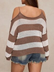 Freevana Women Boho Traditional 80s Striped V Neck Cold Shoulder Hollow Out Knit Sweater Plus Size Casual Pullover Top Formal Vacation White Autumn Winter - Multicolor - View 5