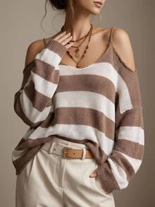 Freevana Women Boho Traditional 80s Striped V Neck Cold Shoulder Hollow Out Knit Sweater Plus Size Casual Pullover Top Formal Vacation White Autumn Winter - Multicolor - View 2