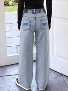 SHEIN Celana Jeans Denim Washed Model Lurus, Kasual, Lucu, Serbaguna, Desain Pita, Saku, Nyaman, Lembut, Longgar, Warna Biru Muda, Cocok untuk Kembali ke Sekolah dan Musim Gugur. - Biru - View 8