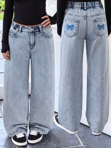 SHEIN Celana Jeans Denim Washed Model Lurus, Kasual, Lucu, Serbaguna, Desain Pita, Saku, Nyaman, Lembut, Longgar, Warna Biru Muda, Cocok untuk Kembali ke Sekolah dan Musim Gugur. - Biru - View 9