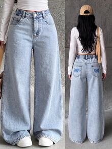 SHEIN Celana Jeans Denim Washed Model Lurus, Kasual, Lucu, Serbaguna, Desain Pita, Saku, Nyaman, Lembut, Longgar, Warna Biru Muda, Cocok untuk Kembali ke Sekolah dan Musim Gugur. - Biru - View 3