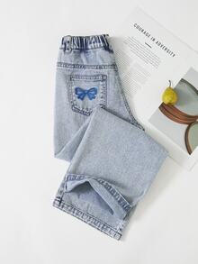 SHEIN Celana Jeans Denim Washed Model Lurus, Kasual, Lucu, Serbaguna, Desain Pita, Saku, Nyaman, Lembut, Longgar, Warna Biru Muda, Cocok untuk Kembali ke Sekolah dan Musim Gugur. - Biru - View 7