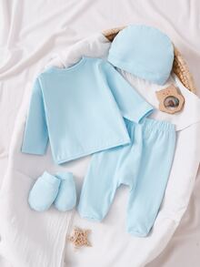 4pcs/Set Newborn Light Blue Solid Color Long Sleeve Top With Cute Panda Patch, Matching Footed Pants, Hat And Gloves, Home Wear Set, Best Gift For Newborn - Baby Blue - View 2