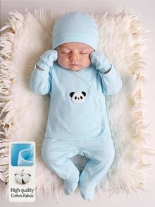 4pcs/Set Newborn Light Blue Solid Color Long Sleeve Top With Cute Panda Patch, Matching Footed Pants, Hat And Gloves, Home Wear Set, Best Gift For Newborn - Baby Blue - View 8
