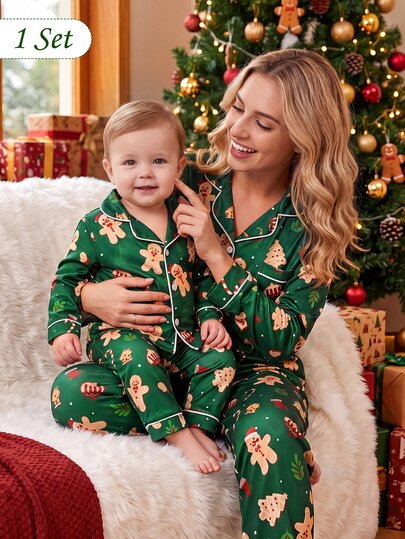 Baby Boy Simple Fashion Cute Cool Christmas Green Fun Snowflake Christmas Tree Santa Claus Cartoon Print Skin-Friendly Soft Knitted Fabric Open Front Long Sleeve Top With Pants Pajama Set Loungewear 2-Piece Set