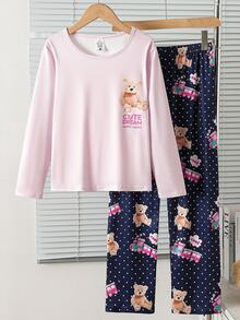 SHEIN 青少年女孩可愛灰色無尾熊印花圓領長袖上衣與全印花長褲休閒舒適懶人居家服2件套 - 彩色 - 查看 3