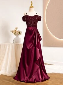 Teen Girl Sequin Patchwork Satin Ruffle Spaghetti Strap Ruffle Hem Slit Full Skirt Dress For Wedding Sweet 16 Prom Performance Burgundy Summer - Burgundy - View 5