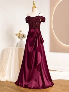 Teen Girl Sequin Patchwork Satin Ruffle Spaghetti Strap Ruffle Hem Slit Full Skirt Dress For Wedding Sweet 16 Prom Performance Burgundy Summer - Burgundy - View 6