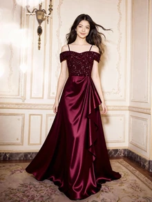 Teen Girl Sequin Patchwork Satin Ruffle Spaghetti Strap Ruffle Hem Slit Full Skirt Dress For Wedding Sweet 16 Prom Performance Burgundy Summer - Burgundy - View 1