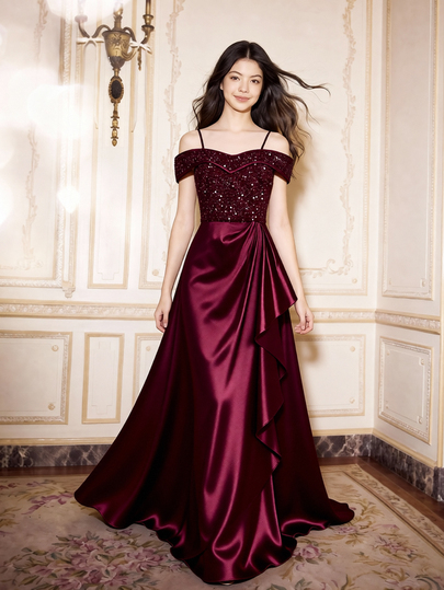Teen Girl High-End Sequin Patchwork Satin Off-Shoulder Spaghetti Strap Ruffle Hem Slit Full Skirt Dress For Wedding Season, Prom, Performance, Birthday Party, Banquet, All Seasons