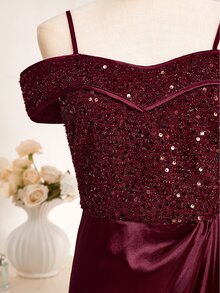 Teen Girl Sequin Patchwork Satin Ruffle Spaghetti Strap Ruffle Hem Slit Full Skirt Dress For Wedding Sweet 16 Prom Performance Burgundy Summer - Burgundy - View 8