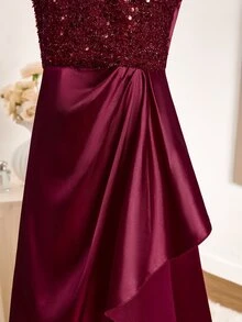 Teen Girl Sequin Patchwork Satin Ruffle Spaghetti Strap Ruffle Hem Slit Full Skirt Dress For Wedding Sweet 16 Prom Performance Burgundy Summer - Burgundy - View 7